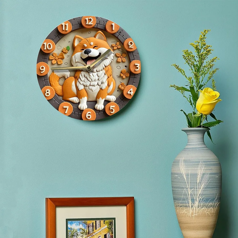 Cute Shiba Inu - themed wooden wall clock, perfect for home decor. Runs on AA batteries 6