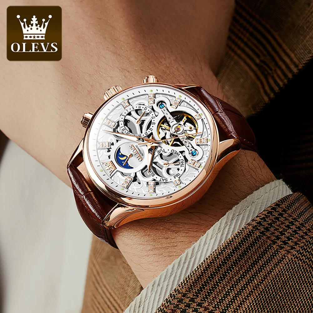 OLEVS Fashion Tourbillon Watches for Men Mechanical Watch Waterproof Hollow out Skeleton Automatic Wind up Male Wristwatch