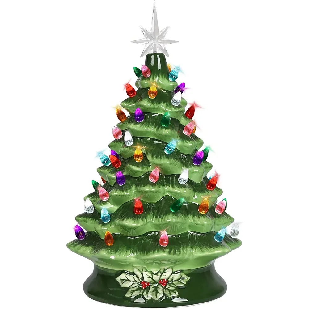 

Праздничный декор, 15 дюймов, предварительно подсветка, ручная роспись, Керамическая Настольная Рождественская елка с 64 огнями-зеленый