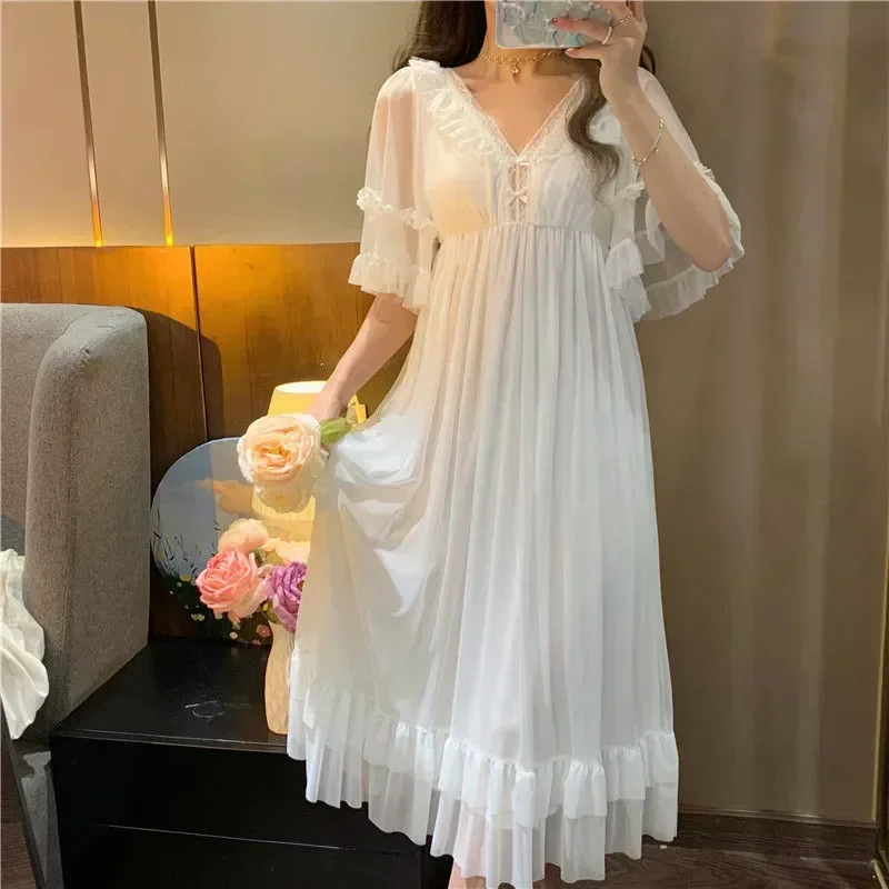 

Lolita Dress Lace Princess Sleepwear Nightdress Women Night With Nightgown Loungewear Kawaii White Chest Fairy Pad