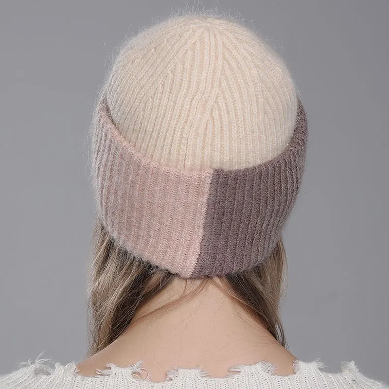 Chapéu de outono para patchwork de pele de coelho, gorro de inverno da moda, gorro de malha quente, chapéus femininos para adultos, capa de cabeça_voghion.com