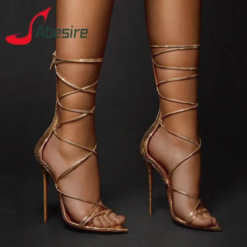 

Golden Snake Pattern Women Sandals Sexy Pointed Toe Cross Strap Thin High Heels Roman Luxury Ladies Banquet Party Stiletto Shoes
