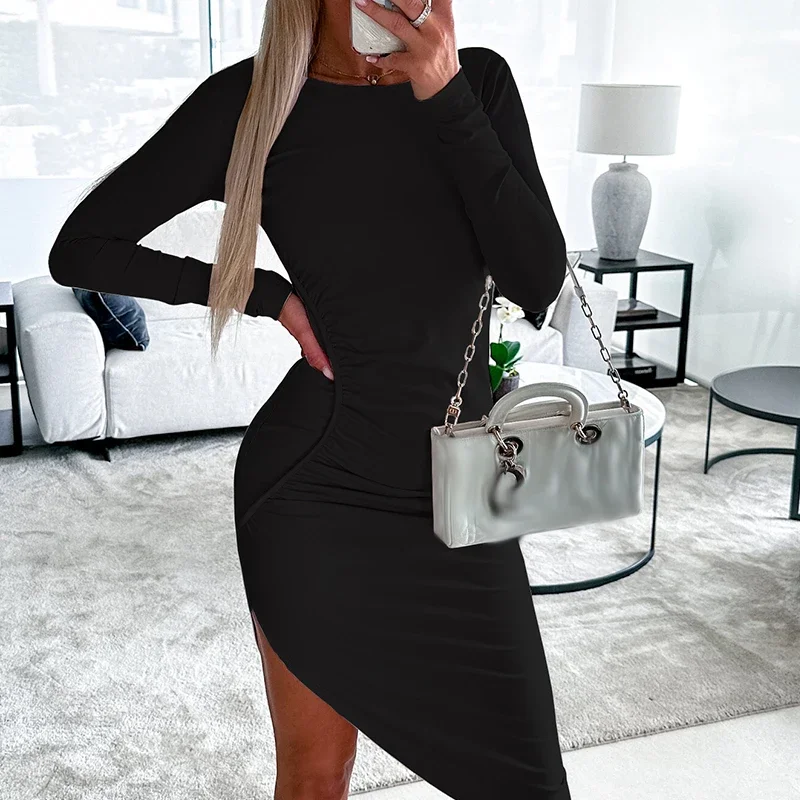 

Office Elegant O-neck Long Sleeve Party Dress Fashion Simple Solid Color Midi Dress Women Casual Irregular Bodycon Dress Vestido