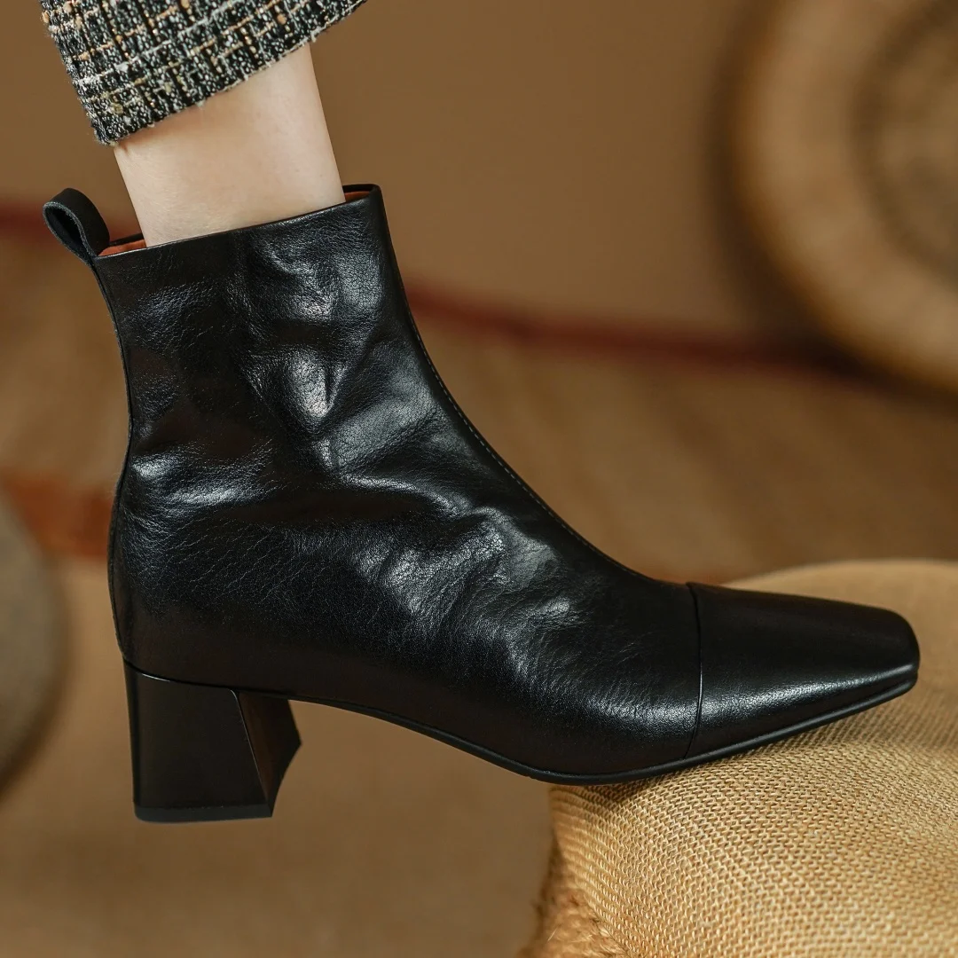 

2024 Spring new women's genuine leather 4.5cm thick med heel side zip autumn ankle boots square toe high quality short booties