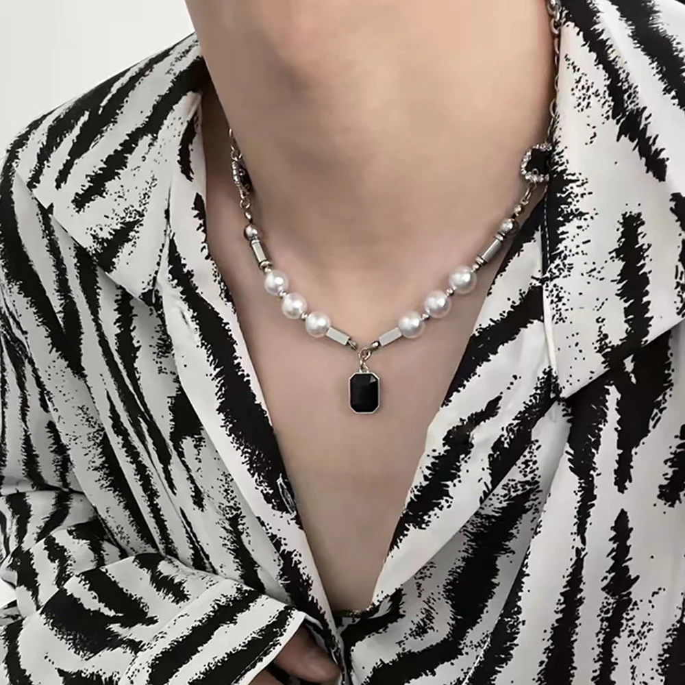 Hip-hop Rhinestones Pendant Pearl Necklace Men Steel Necklace Mens Jewellery Man Necklac pendant necklaces pendant necklace pearl necklace fashion necklace