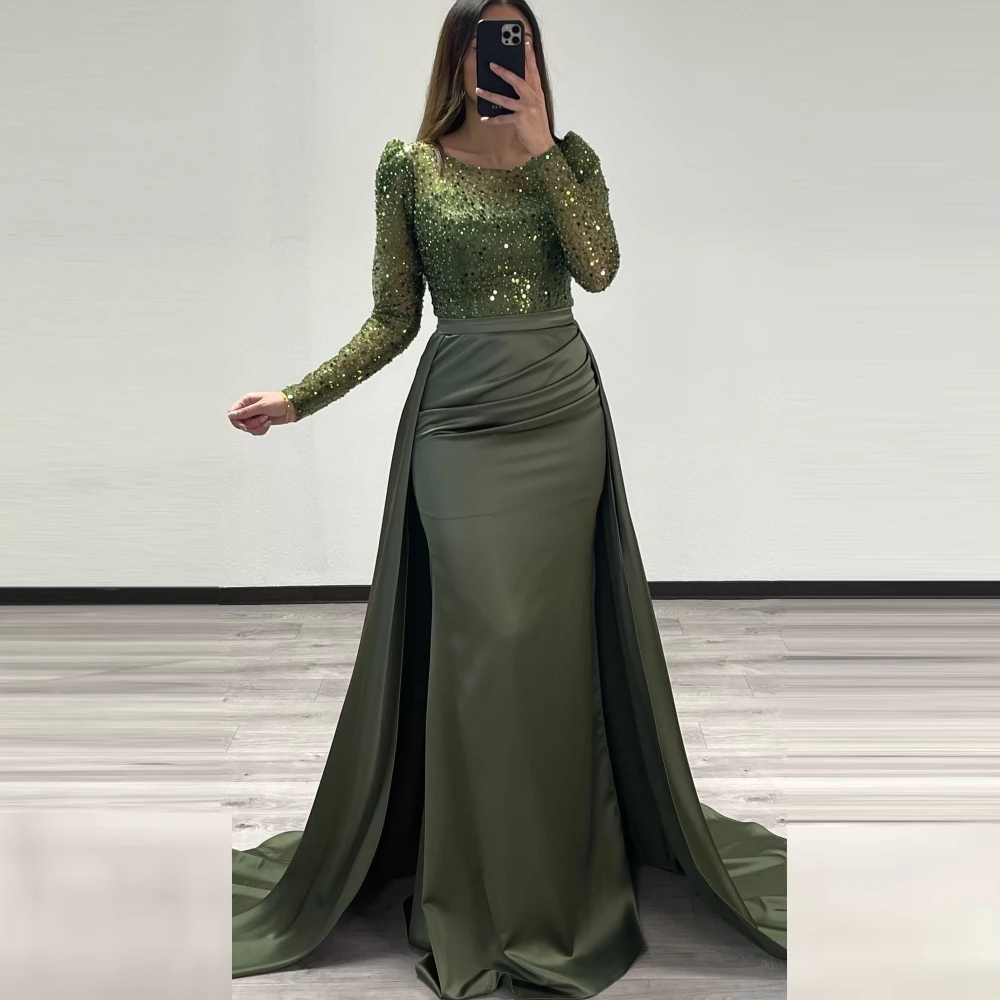 

OEING O-Neck Robe De Soirée Custom Made Long Sleeves Mermaid Sequined Evening Gown Satin Saudi Arabic Party Dress Prom Dresses