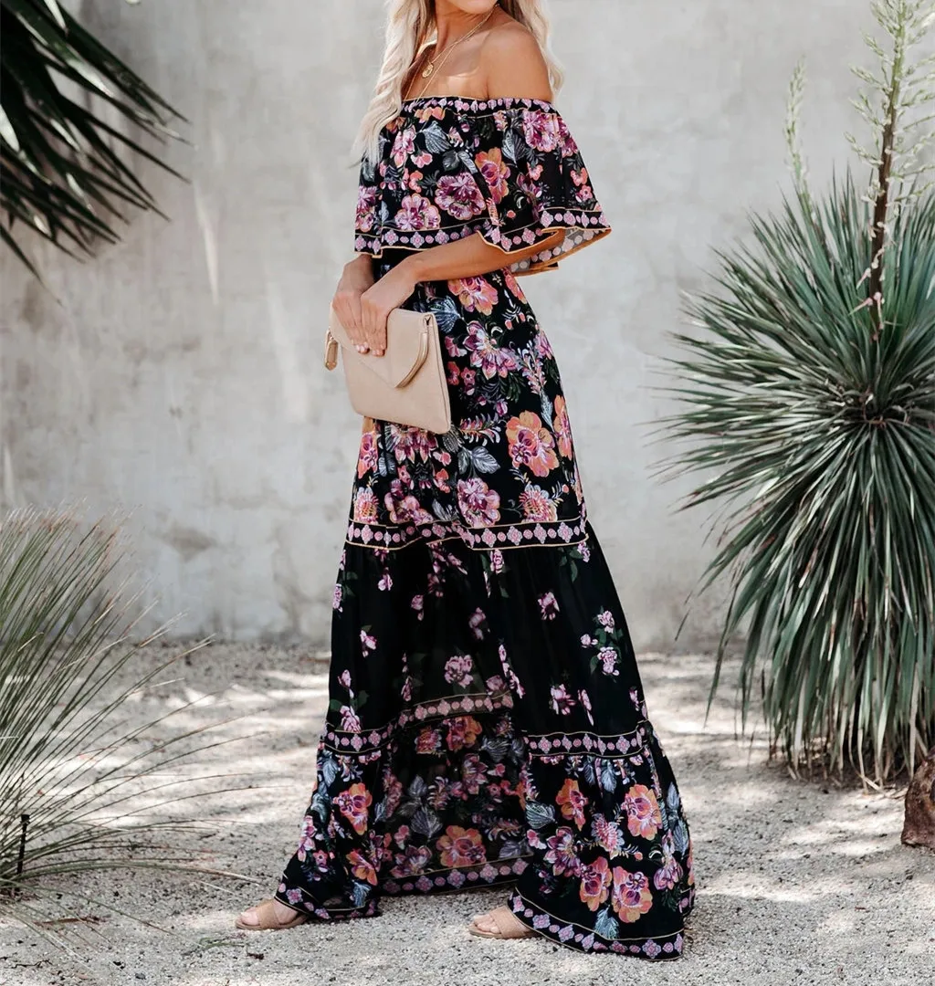 Flower Print Off Shoulder Long Dresses For Women Spring Summer New Fashion Temperament High Waist Leace-up Dress Female Vestidos 35 undefined