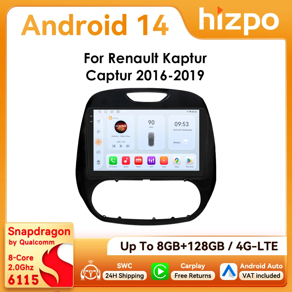 9" Hizpo CarPlay Android Auto Autoradio für Renault Kaptur Captur 2016 - 2019 Snapdragon 6115 4G BT RDS DSP GPS Navi 360 ° CAM