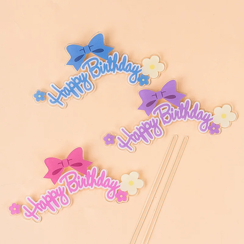 

Happy Birthday Acrylic Bow Cake Topper Kids Birthdays Dessert Cake Decoration Baby Shower Baking DIY Accessories Cupcake Topper