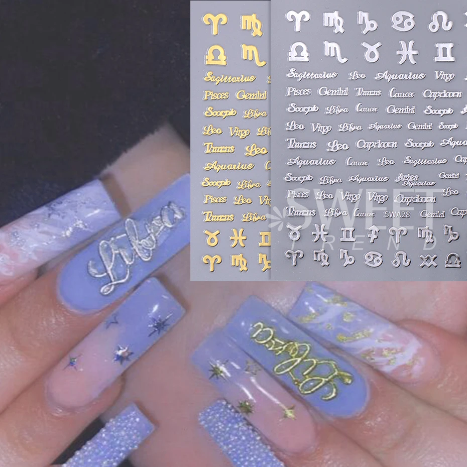 3pcs/set Zodiac Alphabet Symbol Nail Art Stickers Gold Constellation Words Twelve Constellation Nail Decals Manicure Decoration