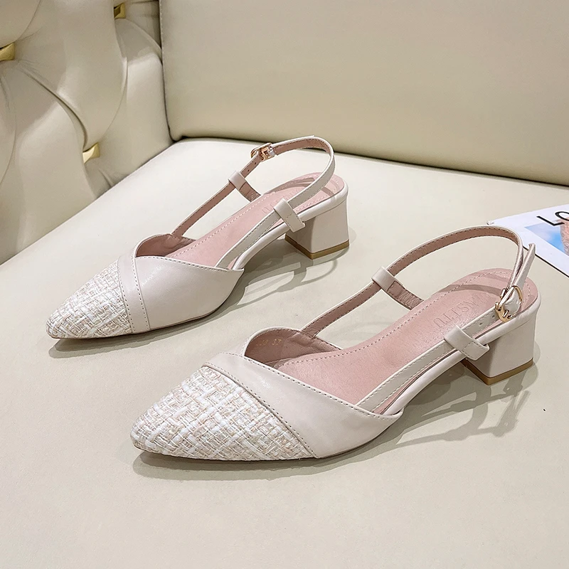 

Women's Breathable Sandals 2023 Summer New Fashion Pointed Thick Heeled High Heels Outside Wearing Women Elegant Single Shoes