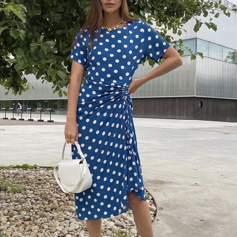 

2023 New Elegant Polka Dot Short-sleeved Dress Female Summer Drawstring Stitching Temperament Slim A-line Mid-length Skirt New