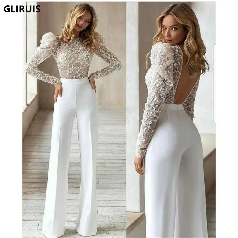 

Lastest Sheath Pantsuit Graceful Wedding Dresses Lace Full Sleeves O Neck Backless Jumpsuit Bride Robe De Mariée Custom Made