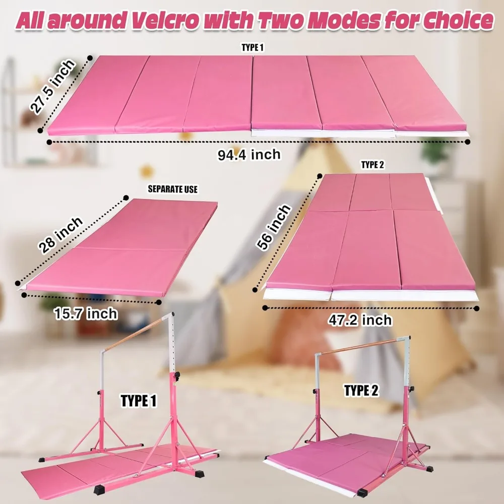 Gymnastics bar for Kids Ages 5-20, Gymnastic Training bar-Height 35.4" to 59"/45" to 71", 5FT/6FT Base Length ，Rose Red