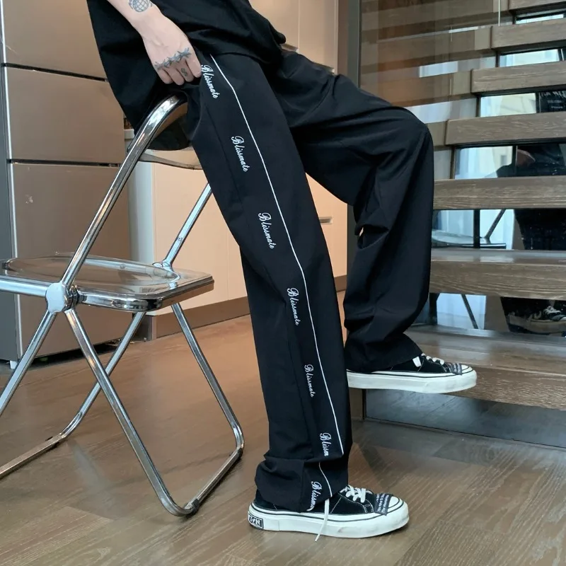 Youthful Vitality High Street Summer Ice Silk Casual Pants Men Elastic Waist Drawstring Letter Simplicit Loose Straight Trousers