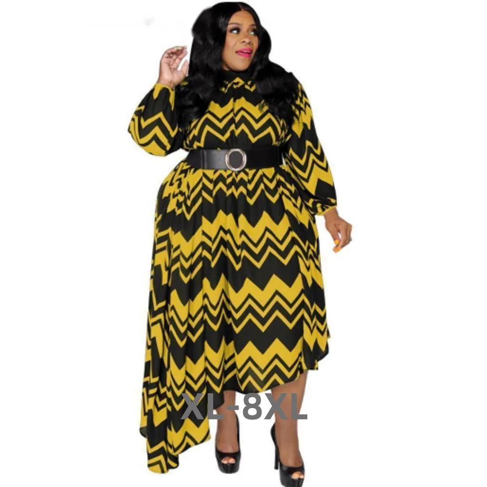 

Plus Size Dresses for Women Fall Clothes Striped Print Sexy Irregular Hem Maxi Dress with Belt Wholesale 3xl 4xl 5xl 6xl