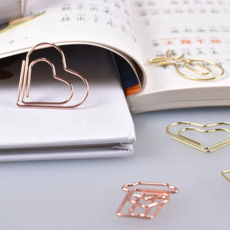 Paper Clips 10Pcs/Lot Creative Paperclip Rose Gold Metal Paper Clip Decorative Bookmark Binder Shaped Clips Cute Stationery Office Supplies book clips mini bookmark