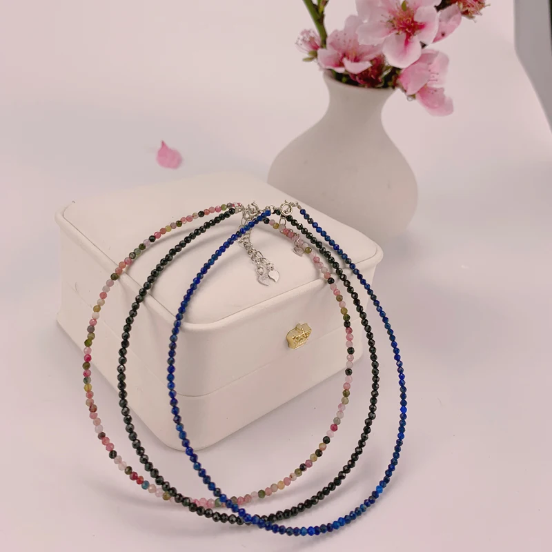 Anklet 925 Silver Jewelry Bead Foot Chain 24-27cm Natural Stone 2MM Tourmaline Black Spinel for Women