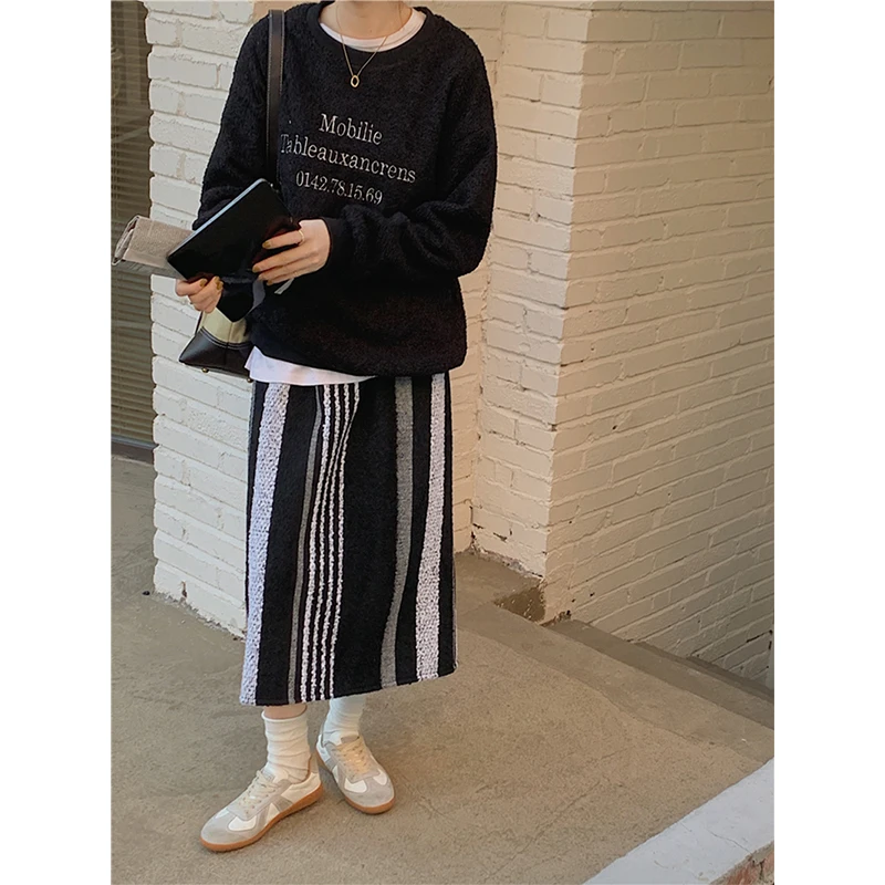 

Vintage Striped Slit Midi Skirt Women Streetwear High Waist Split A Line Skirts Thick Woolen All Match Chic Skirt Autumn Winter