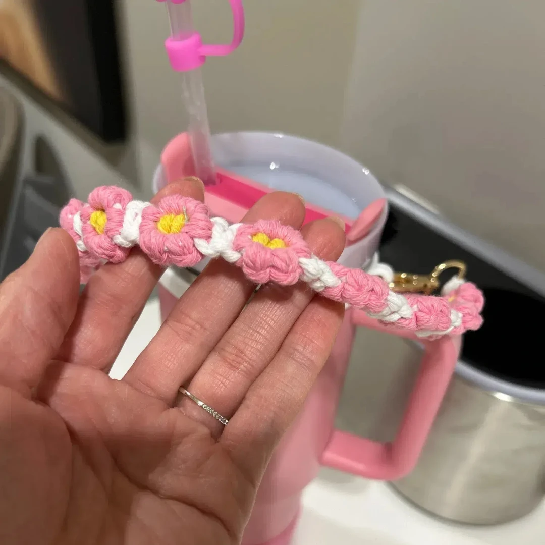 Cup Accessories Set 7Pcs Accessory Set For Stanley Cup Pink Flower Water Bottle Handle Strap Straw Protect Cover Fashion Charms Pendant Decoration