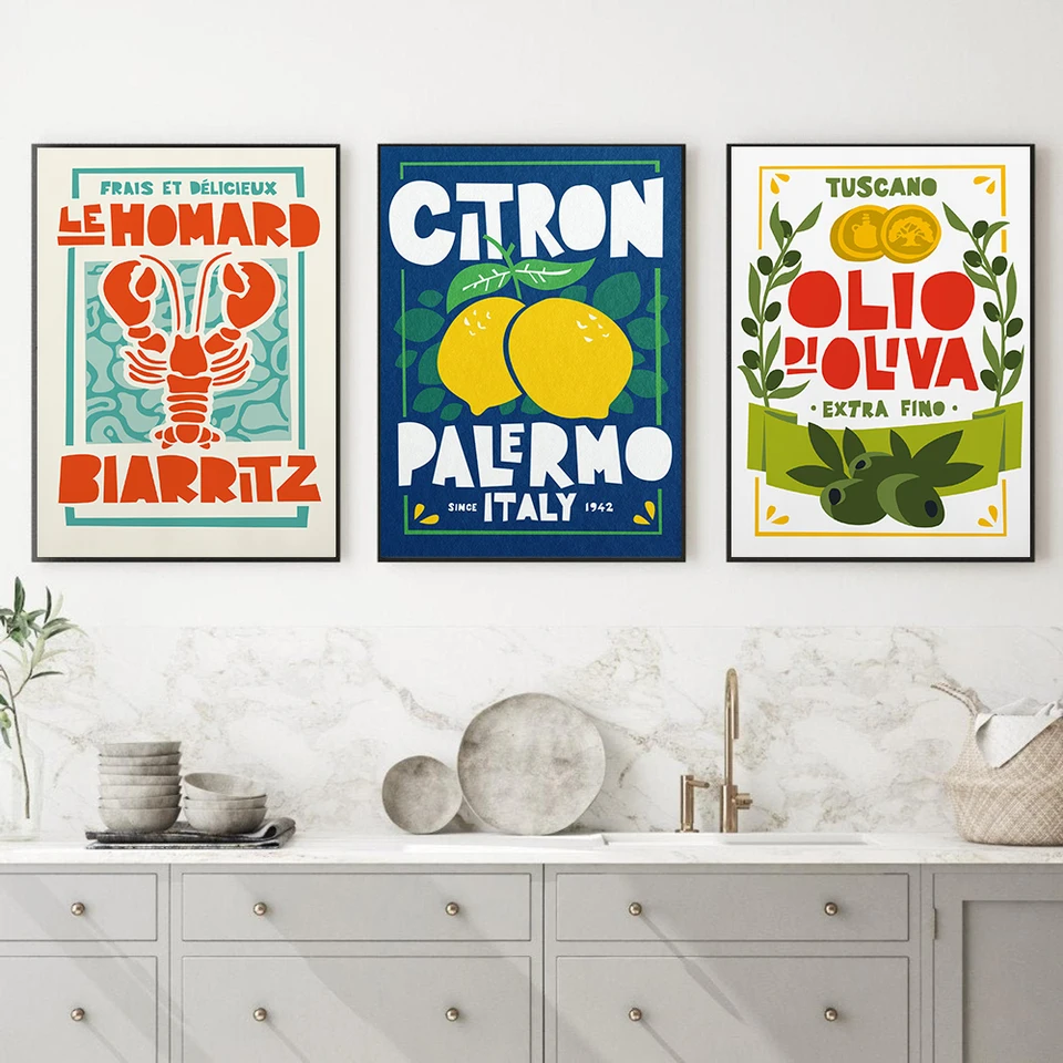 Affiches Cuisine Lot De 3 - Homard, Huile D'olive, Citrons, Toile 50x70 Cm Sans Cadre