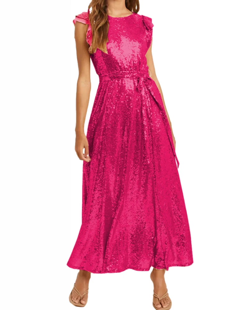 

New Women's Sequin Dress Summer Autumn Fashion Sleeveless Round Neck Sexy Dress Party Cocktail Dress Rose Red Maxi Dress Robe