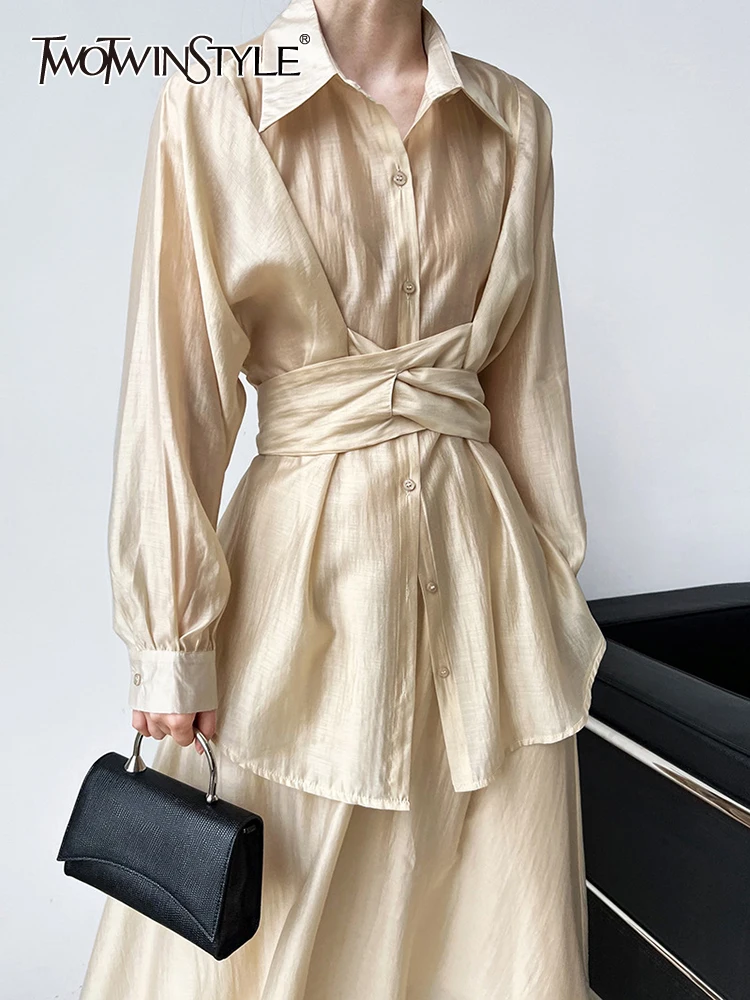 

TWOTWINSTYLE Solid Two Piece Sets For Women Lapel Long Sleeve Tops High Waist A Line Skirt Summer Set Female Fashion Clothing