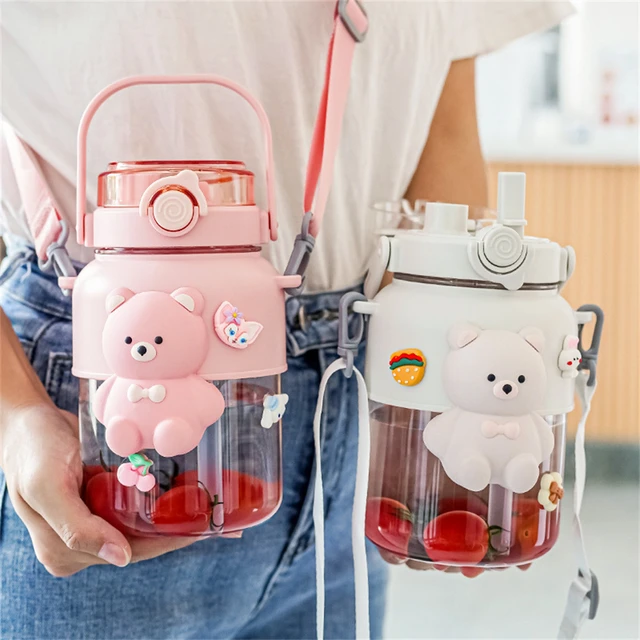 Plastic Straw Cup With Cartoon Design And Rope, Cute Bear Shaped Water  Bottle For Outdoor Use