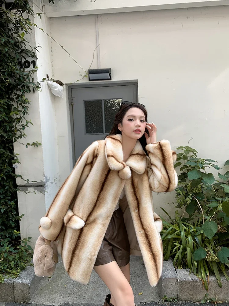 Mink Fur Coat for Women Long Eco Faux Fur Coat Korean Loose Thick Stripe Fluffy Jacket Female Overcoat Winter Clothes 2023