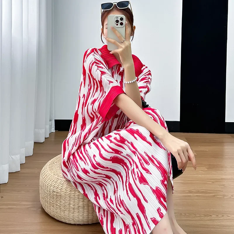 

Miyake Pleated Dress Women's 2024 Summer New High-end Fashion Printed Lapel Single-breasted Loose High-waisted Elegant Dresses