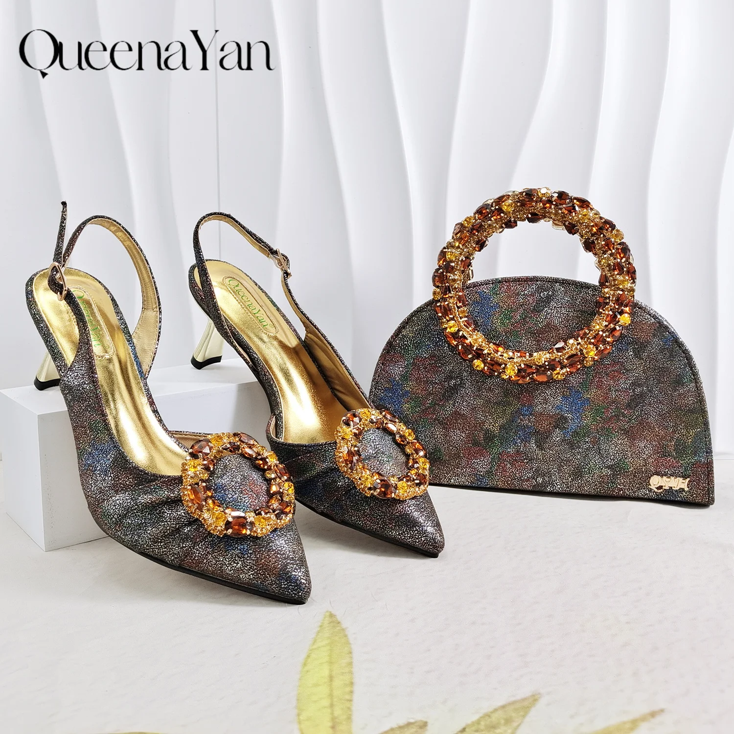Multicolor Shimmer Rhinestone Circle Women Heels Rhinestone Ring Handle Evening Clutch Wedding Formal Matching Shoe and Bag Set