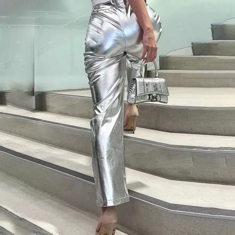 Pantalones de PU plateados para mujer, moda 2025, cintura alta, sueltos, pierna ancha, ropa de fiesta para chicas, ropa de calle, pantalones largos para mujer, otoño