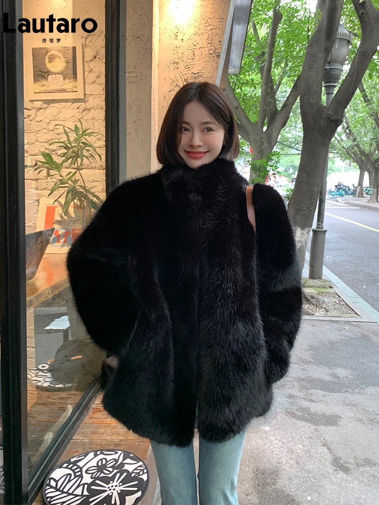 

Lautaro Autumn Winter Black Soft Thick Warm Hairy Shaggy Faux Fox Fur Coat Women Stand Collar Luxury Loose Fluffy Jacket 2023