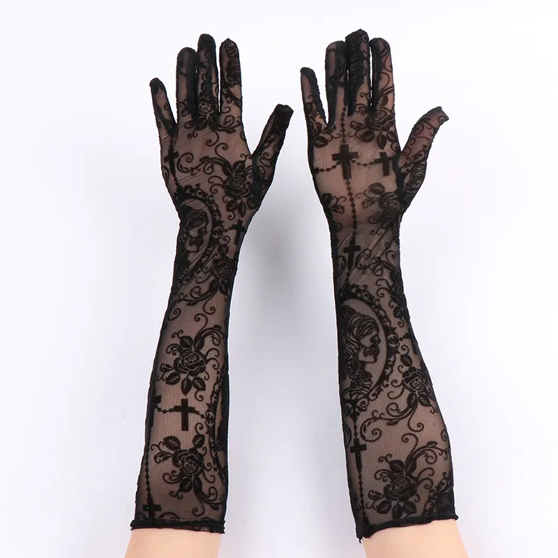 New Black Skeleton Flowers Printing Women Sexy Mesh Transparent Elasticity Long Gloves Performance Halloween Cosplay Accessories