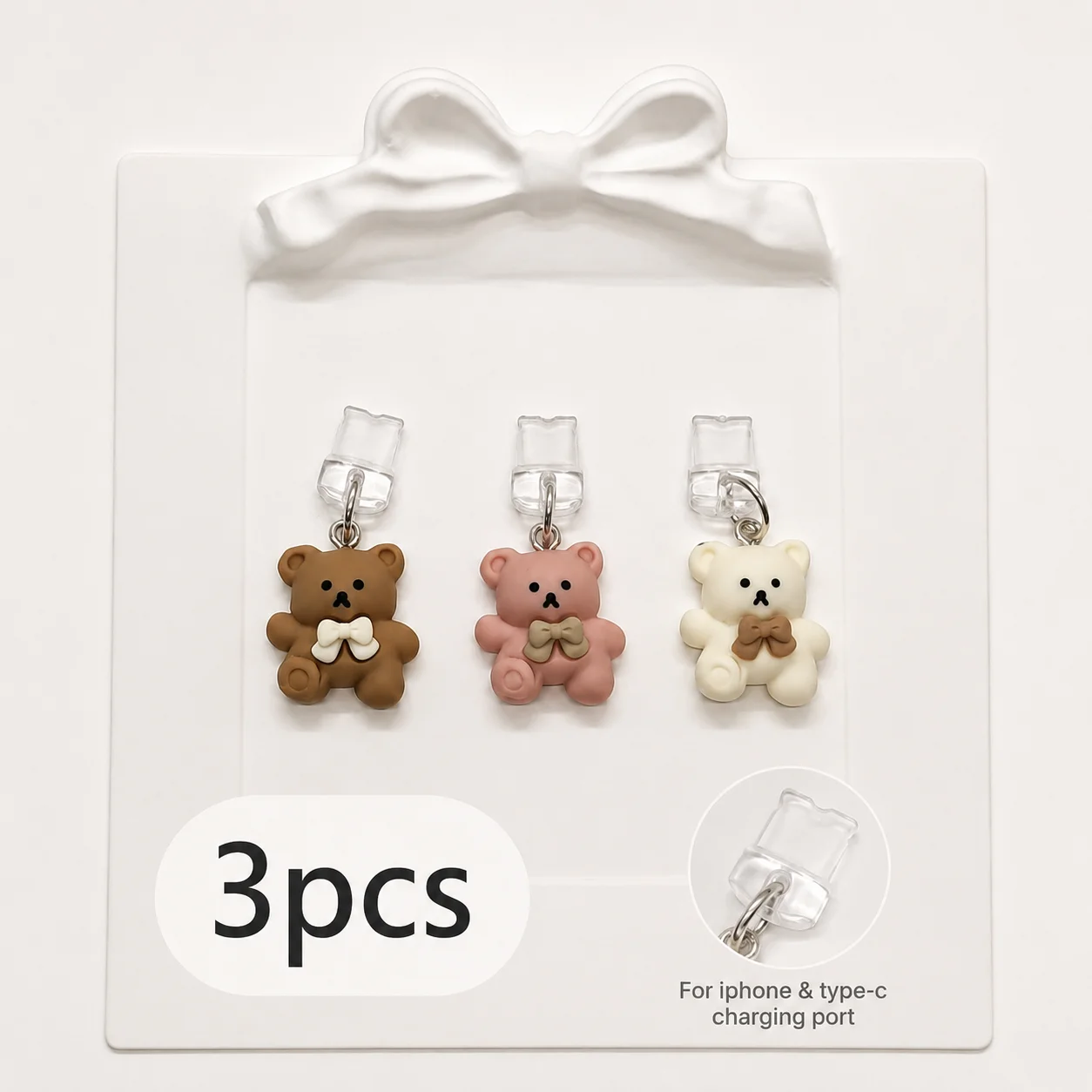 3Pcs 귀여운 3D 곰돌이 모양 휴대폰 먼지 방지 플러그, 브라운/핑크/크림, 아이폰 타입-C 안드로이드용, 먼지 방지 포트 참 장식 액세서리