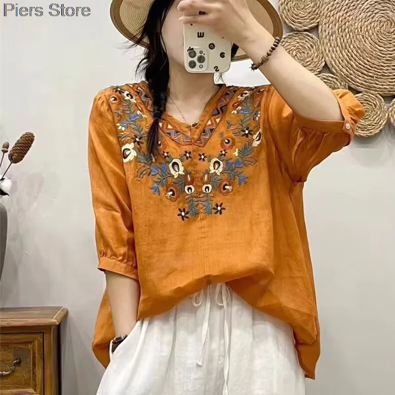

Literary Cotton Shirts For Women Embroidery Flowers Woman Blouses V-neck Half Sleeve Lace Blouses Summer Thin Top Female Shirt