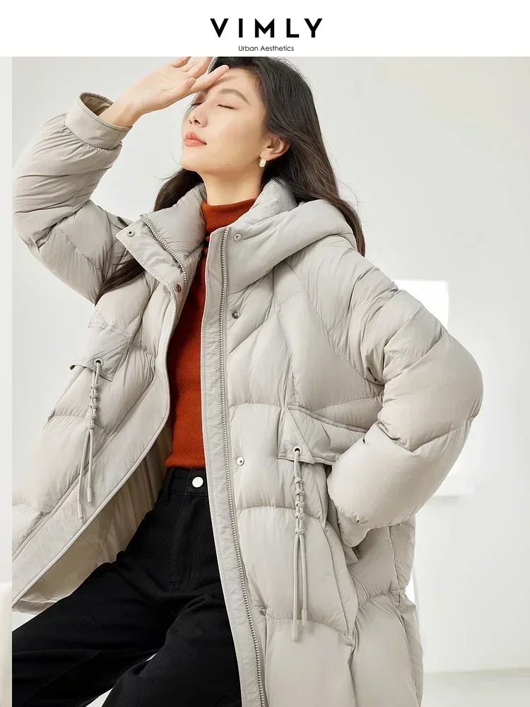 Vimly Winter White Duck Down Puffer Jacket Women Grey Stand Collar Hooded Zipper Long Coat 2023 Thick Warm Outerwear Woman 50718