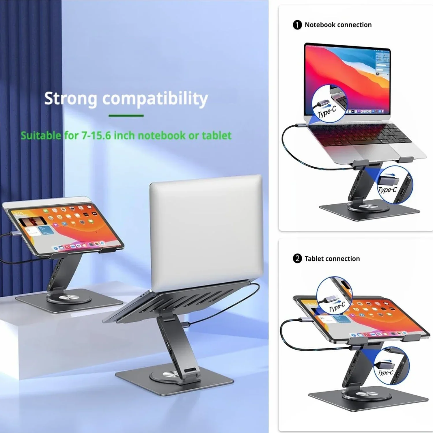 Laptop Stand for MacBook Pro Air Dell HP Surface 360&deg; Rotatable Foldable with USB C Hub Universal Laptop Bracket Holder laptop stand