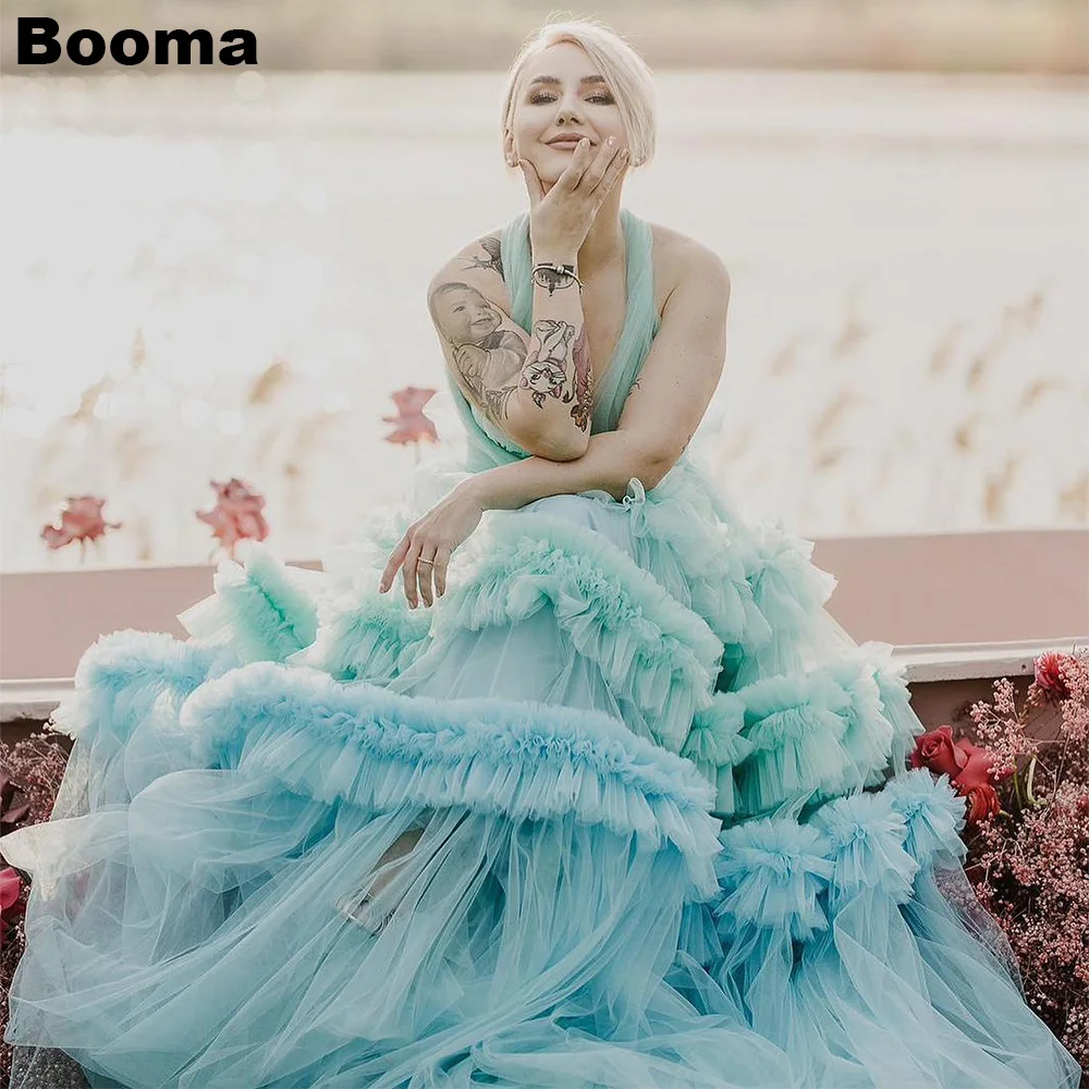 

Booma Elegant A Line Prom Dress Tiered Ruched Tulle Formal Evening Dresses with Big Bow Simple Long Party Engagement Dresses