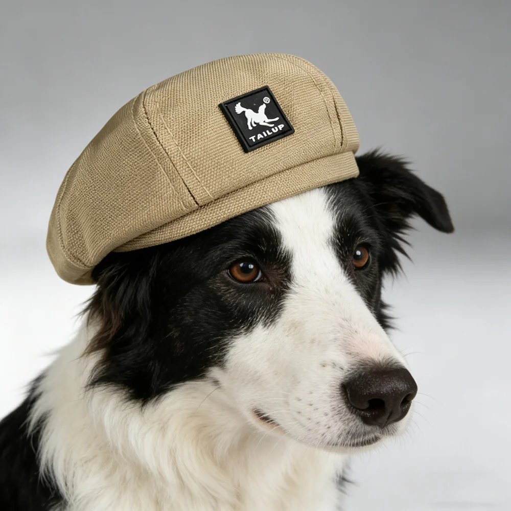 Golden Retriever and Border Collie wearing vintage adjustable pet beret hats in army green, khaki, and black colors with elastic chin strap toggles