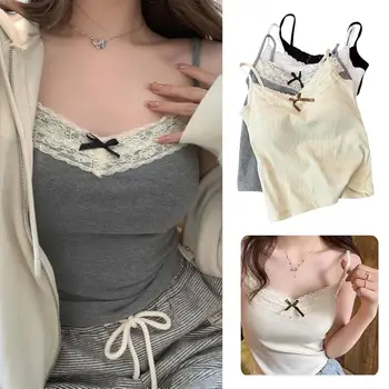 Knit Wear Tank Top Lace Sling Tops Sweet Short Tops Camisole Clothes Slim Short Bow Solid Color For Women Slim Knitted Crop Top