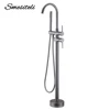 Brushed Gold Freestanding Bathtub Faucet 2 Handle Diverter Shower Faucet Floor Mounted Mixer 2 Functions Hot And Cold Tap 1