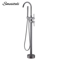 Brushed Gold Freestanding Bathtub Faucet 2 Handle Diverter Shower Faucet Floor Mounted Mixer 2 Functions Hot And Cold Tap 1