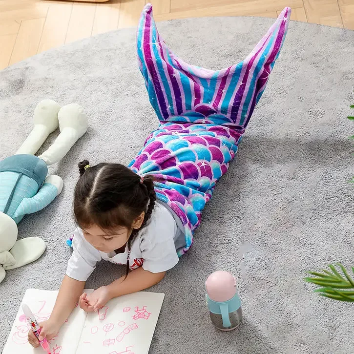 Children Soft Flannel Mermaid Tail Blanket Plush Mermaid Wearable Blanket for Girls Teens Adults Scale Sleeping Blankets