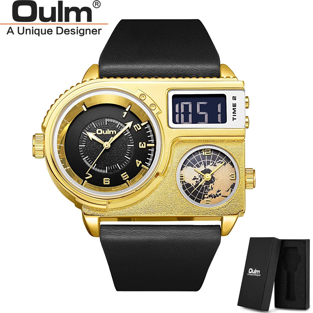 Oulm 5026 Big Dial Men Wristwatch Dual Display Quartz Clock Two Time Zone Luxury Watch Male Genuine Leather Wrist Watches 