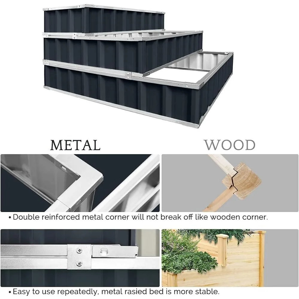3 Tiers Raised Garden Bed Dismountable Frame Galvanized Steel Metal Patio Garden Elevated Planter Box 46" x 46" x 23.6" 5