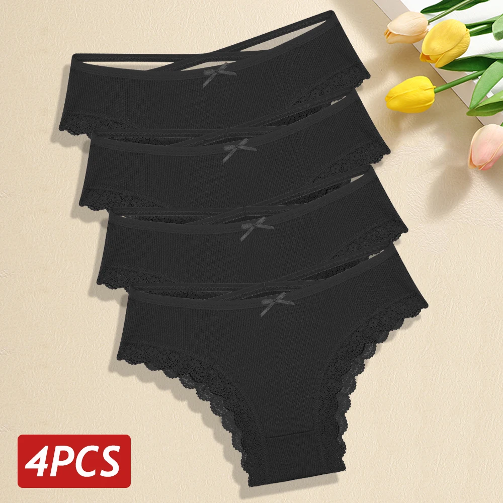 4 יחידות / מערכת תחתוניות כותנה לנשים סקסיות תחתוניות תחרה ברזילאיות נמוכות עם חורים תחתונים לנשים חמודות קשת נושמת תחתונים