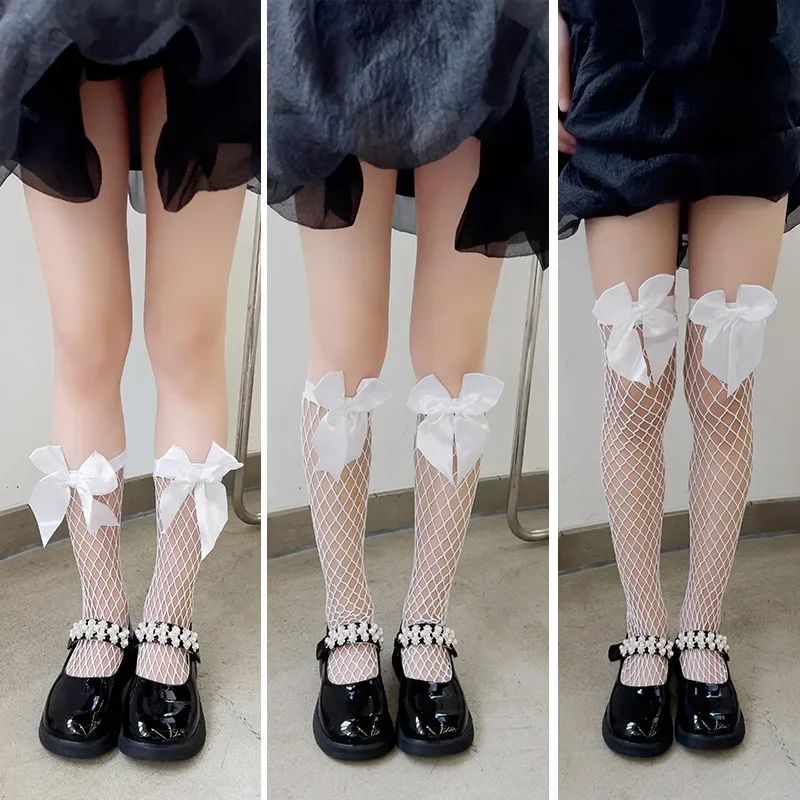 Children Girls Bow Fishnet Stitch Cute Knee High Long Socks Summer Baby Kids Mesh Lolita Net Vintage White Black Floor Stockings