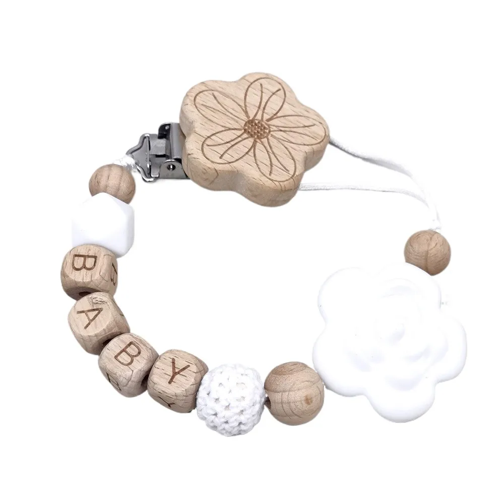 Personalized Name Flower Baby Pacifier Chain, Wooden Clip & Silicone Bead, Crochet & Alphabet Beads, Anti-Lost Dummy Strap