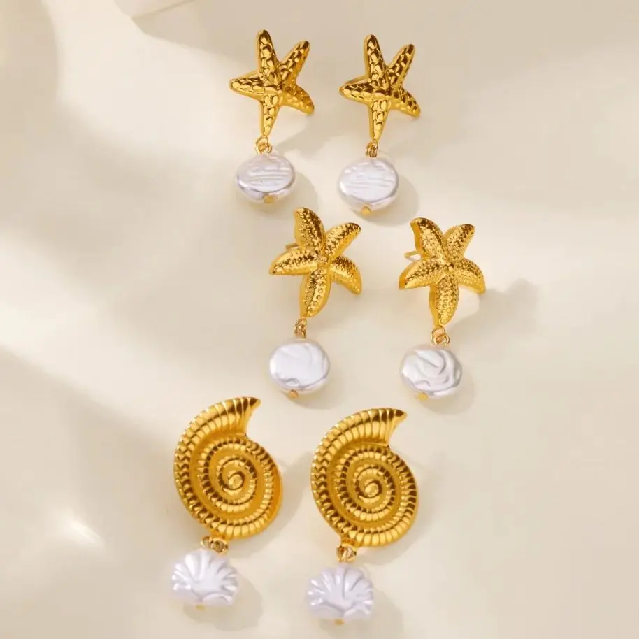 Starfish Conch Pearl Earrings Stainless Steel Gold Color Stud Earrings